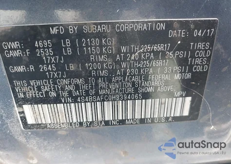 2017 Subaru Outback 2.5I Premium from USA, damaged, VIN 4S4BSAFC0H3394065